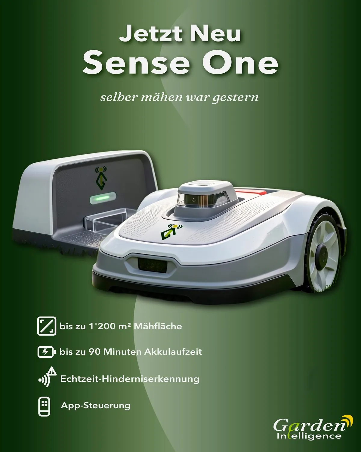 Werbeanzeige für den Garden Intelligence Mähroboter Sense One