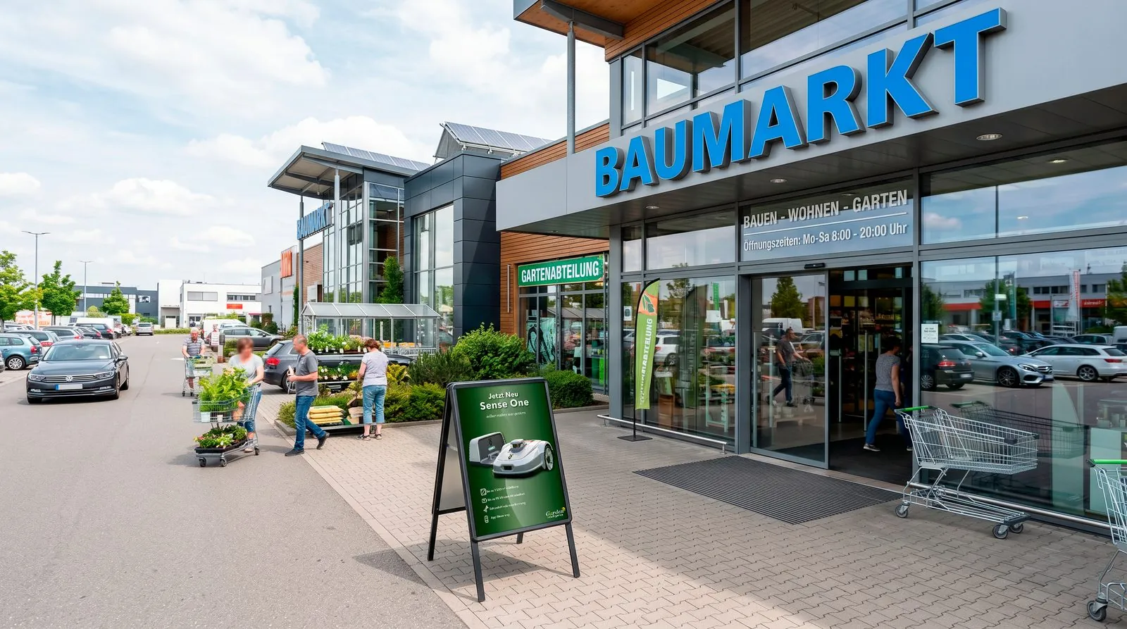 Anwendungsbeispiel der Werbeanzeige als Kundenstopper vor einem Baumarkt