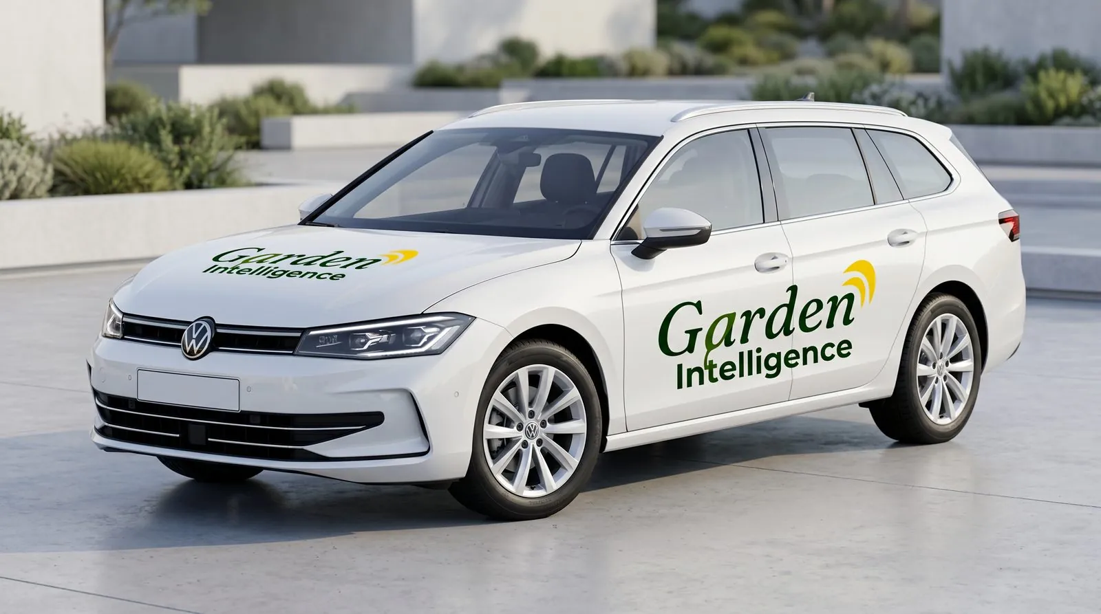 Firmenfahrzeug von Garden Intelligence mit Schriftzug beklebt