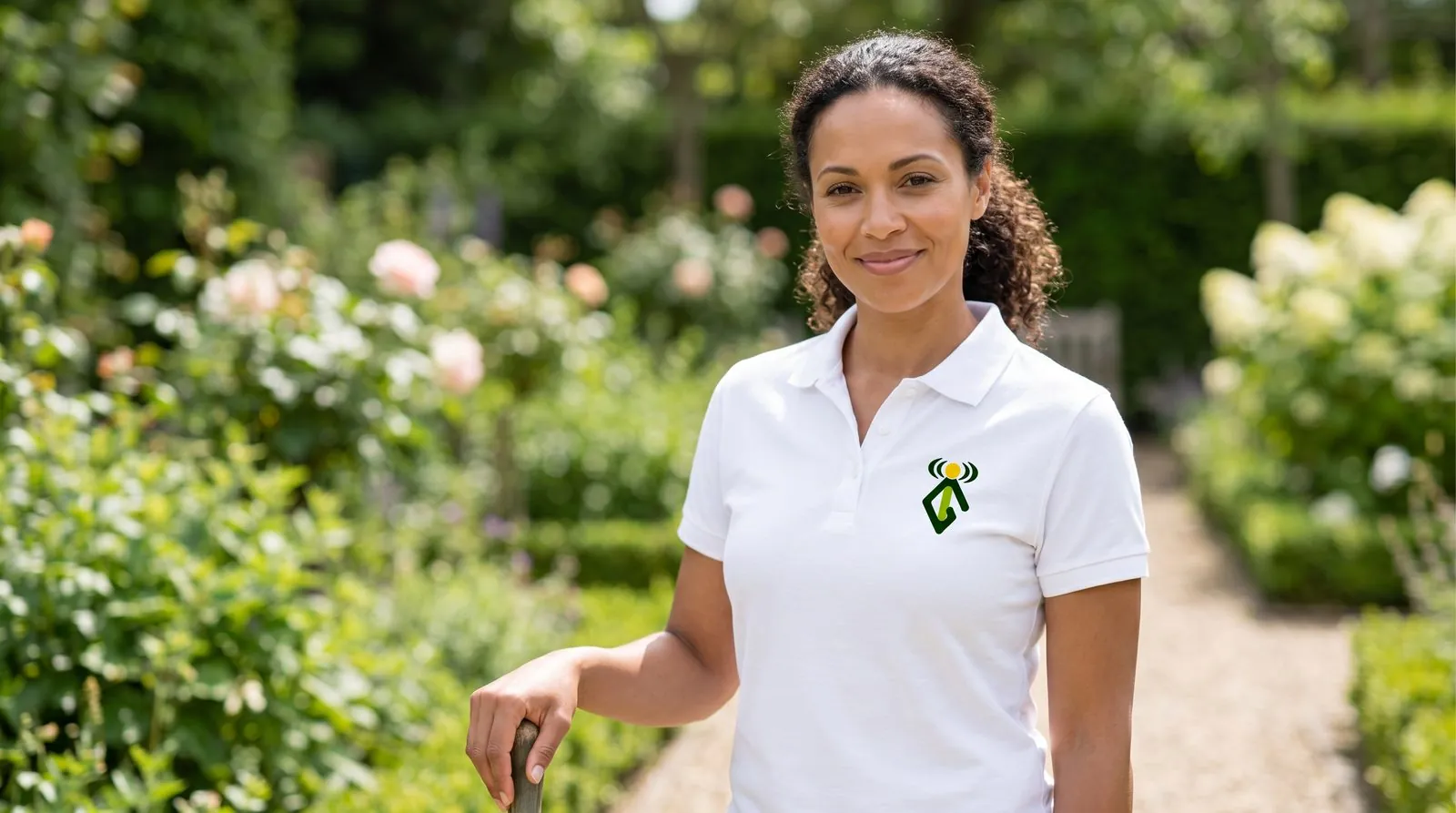 Mitarbeiterin von Garden Intelligence mit Monogramm auf dem Polo-Shirt
