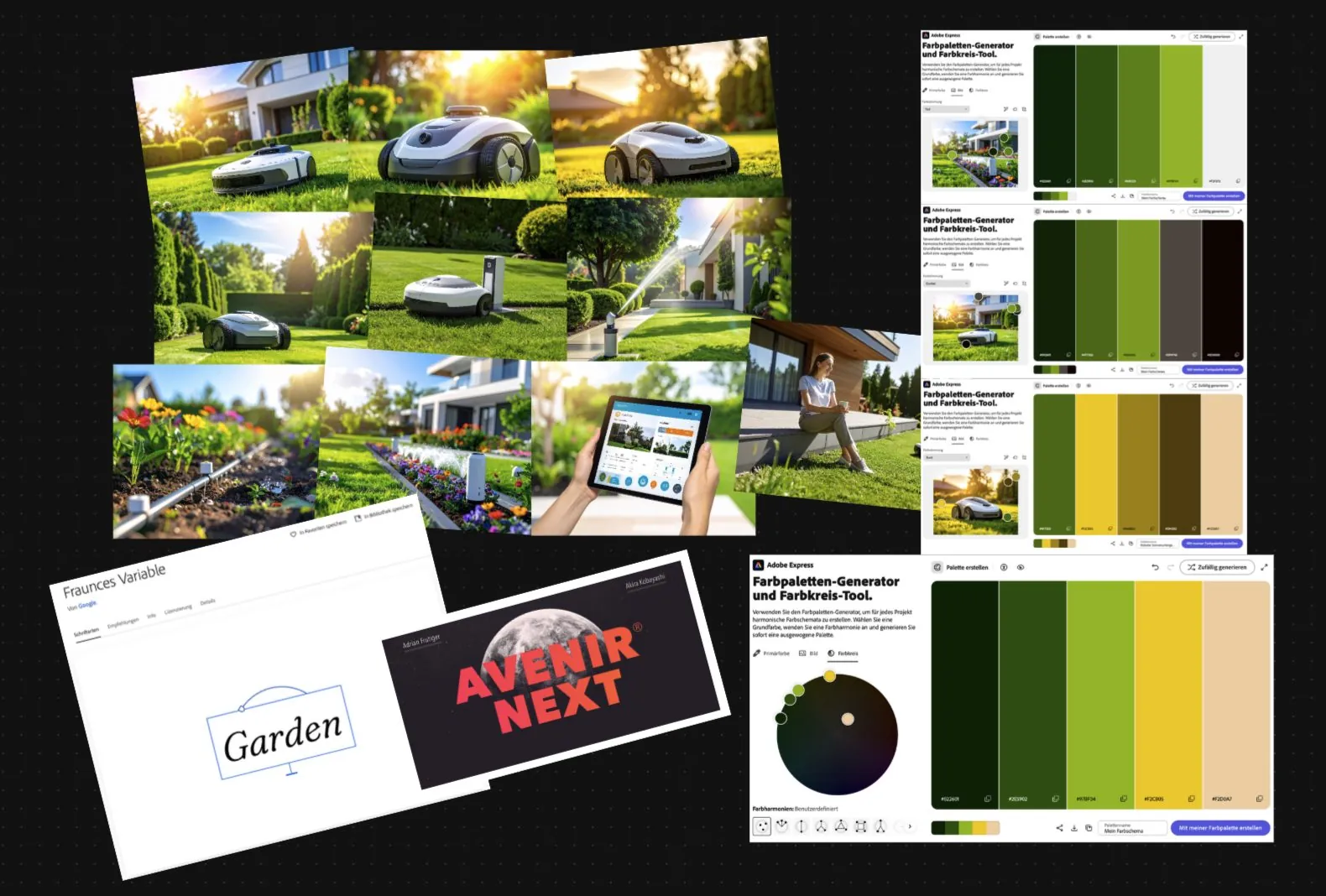 Moodboard, Farbpalette und Schriftmuster für Garden Intelligence