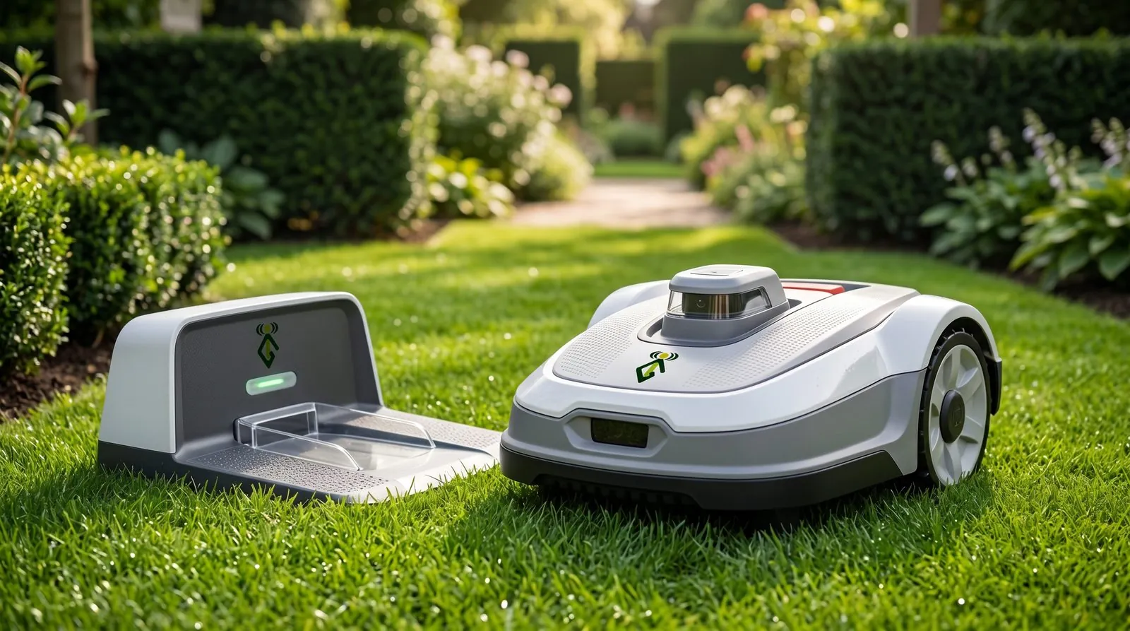 Mähroboter von Garden Intelligence mit Ladestation im Garten